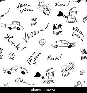 Children bedsheets pattern - hand-drawn cartoon cars and helicopters doodle texture. Black and white. Stock Vector