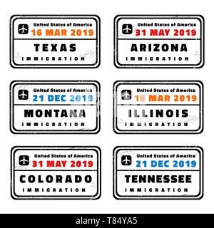 USA vector passport stamps collection: Texas, Arizona, Montana, Illinois, Colorado and Tennessee. Stock Vector