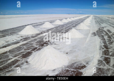 Salt Extraction Area on El Salar de Uyuni, the World's Largest Salt Flats in Potosi department of Bolivia, South America Stock Photo