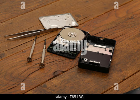 Computer - Open external hard drive is repaired. Stock Photo