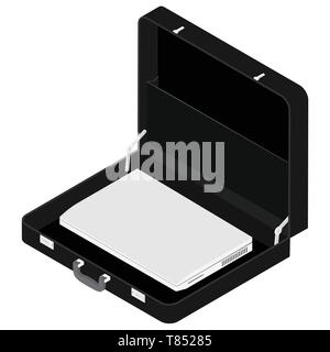 Black briefcase with laptop computer inside isometric view Stock Vector