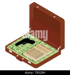 Brown briefcase with million dollars, top secret documents and gun inside isometric view Stock Vector