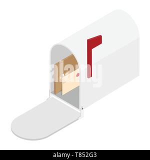 Opened mailbox with raised flag and envelope, letter inside isometric view isolated on white background Stock Vector