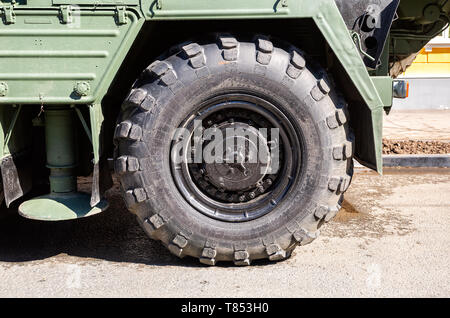 Samara, Russia - May 4, 2019: Close up view of heavy truck army vehicle (S-300 ) wheel with tire Stock Photo