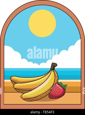 Fresh fruit nutrition healthy window frame Stock Vector