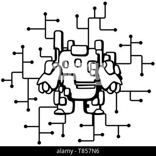 Robot circuits symbolic cartoon line drawing, vector, horizontal, over white Stock Vector
