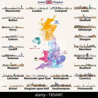 United Kingdom cities skylines icons. High detailed map of United Kingdom Stock Vector
