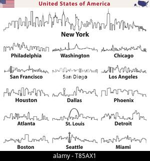 vector outlines icons of United States cities line art style skylines Stock Vector