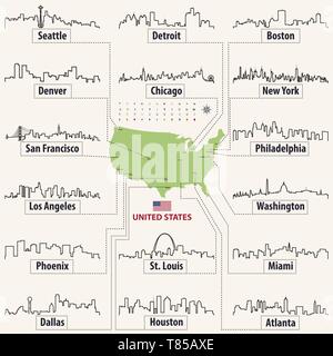 vector map of United States of America with largest cities' skylines Stock Vector