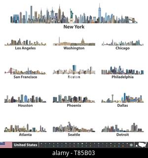 vector illustration of United States largest cities skylines Stock Vector