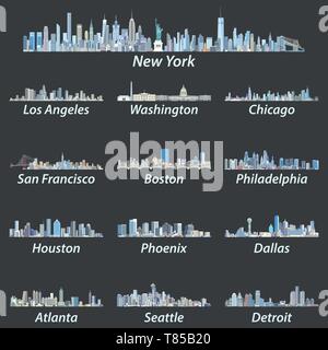 vector illustration of United States largest cities skylines Stock Vector