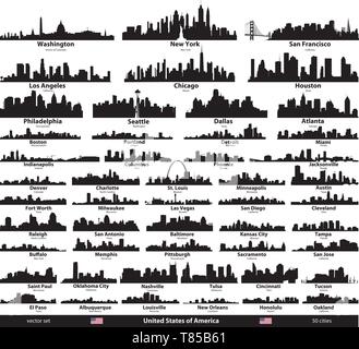 vector set of United States cities skylines silhouettes Stock Vector