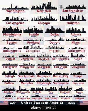 vector set of United States cities skylines silhouettes Stock Vector