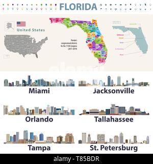 Florida's congressional disctricts vector map with cityscapes of capital and major cities of Florida Stock Vector