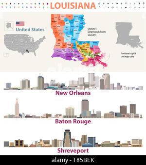 Louisiana's Congressional distrcits vector map with major cities skylines Stock Vector