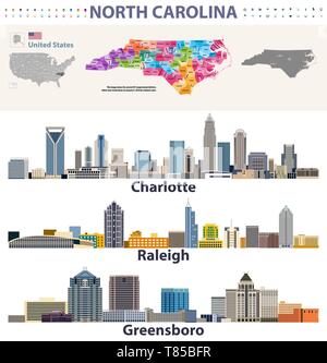 vector congressional districts map and major cities skylines of North Carolina Stock Vector