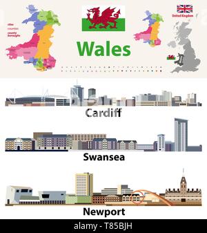 Wales cities, countries and country boroughs map and Welsh largest cities skylines icons Stock Vector