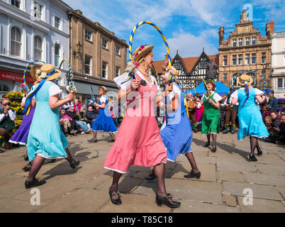 Shrewsbury Morris dancers performing at The Big Busk event in the Square, Shrewsbury, Shropshire. Stock Photo