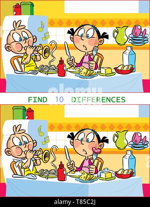 In vector illustration puzzle with children who play at the kitchen table. The task is to find ten differences between the images. Stock Vector