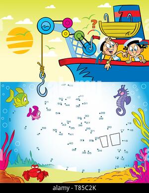 In the vector illustration puzzle with cartoon kids play sailors on the ship. Connect the dots to find out which object the children are lifting onto  Stock Vector