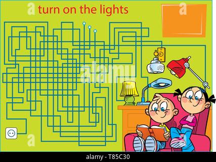 In vector illustration puzzle maze with kids who read a book. Find a way to turn on the lighting. Stock Vector