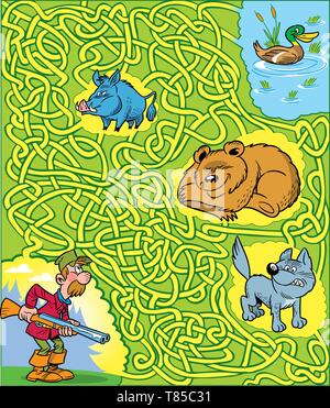 On vector illustration puzzle with a man hunter and animals. The task is to find the way in the labyrinth and help the hunter to find the duck. Stock Vector