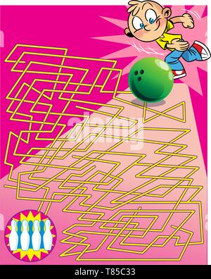 Vector illustration of a puzzle with a cartoon boy playing bowling. Take the ball through the maze and shoot down the pins. Stock Vector