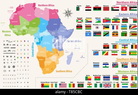 vector map of Africa continent colored by regions. All flags of African countries Stock Vector