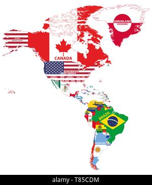 vector high detailed political map of America continent mixed with flags Stock Vector