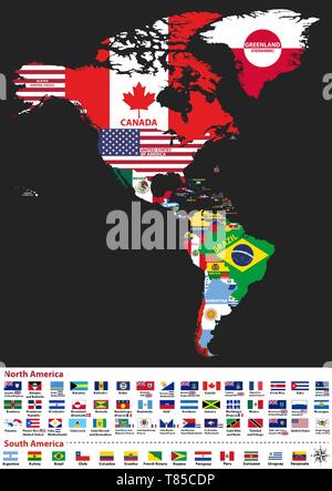 vector high detailed political map of America continent mixed with flags Stock Vector