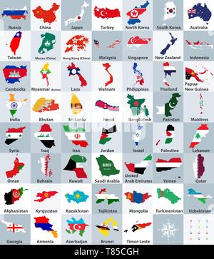 vector illustration of Asian countries mixed with their national flags Stock Vector