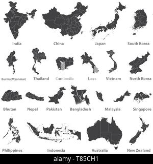 high detailed vector maps of asian countries, and Australia and New Zea land Stock Vector