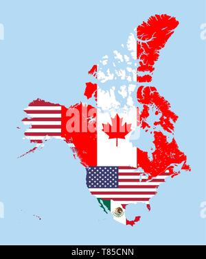 Canada, United States and Mexico maps combined with flags Stock Vector