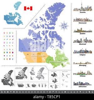 Canadian provinces and territories map colored by regions. Map, flag and largest city skylines of Canada. Stock Vector