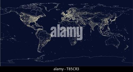 World city lights map. Night Earth view from space. Vector illustration Stock Vector