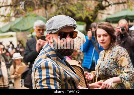 Lviv, Ukraine - May 04, 2019: Retro cross-country bicycles dedicated to the day of the city. Portrait of a participant cross. Stock Photo