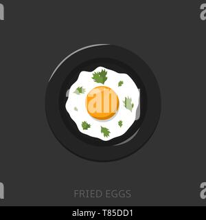 Fried egg. Fried eggs with parsley Top view Vector illustration Stock Vector
