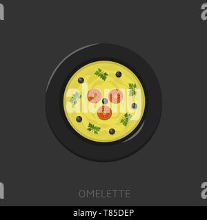 Omelette. Fried eggs with tomatoes and olives in a black plate Top view Vector illustration Stock Vector