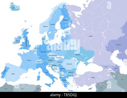 Europe high detailed vector political map with rivers and country names. Stock Vector