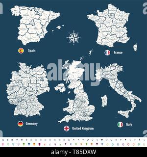 high detailed vector maps of United Kingdom, Italy, Germany, France and Spain Stock Vector
