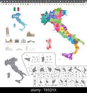 vector Italy high detailed map colored by regions Stock Vector
