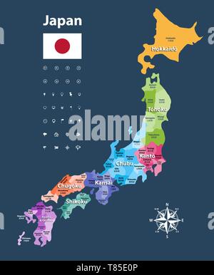 vector illustration of Japanese flag and prefectures map colored by regions Stock Vector