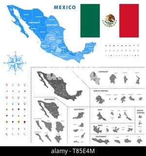 map of Mexico regions represents a general outline of a states ciudades Stock Vector