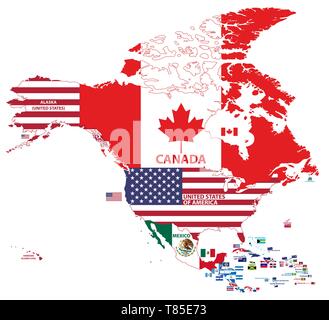 vector illustration of North America map (include Northern America, Central America and Caribbean regions) with country names and flags of countries Stock Vector