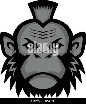 Mascot icon illustration of head of a chimpanzee wearing a mohawk hairstyle or haircut viewed from front on isolated background in retro style. Stock Vector