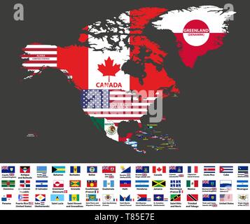 vector illustration of North America map (include Northern America, Central America and Caribbean regions) with country names and flags of countries Stock Vector