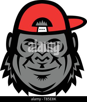 Mascot icon illustration of head of a gorilla wearing a baseball cap or hat from side viewed from front  on isolated background in retro style. Stock Vector