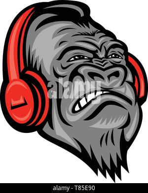Mascot icon illustration of head of an angry gorilla or ape wearing a red headphones listening to music looking up viewed from front on isolated backg Stock Vector