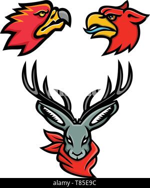 Mascot icon illustration set of heads of mythical or folklore creatures and animals like the firebird, griffin and jackalope viewed from front and sid Stock Vector