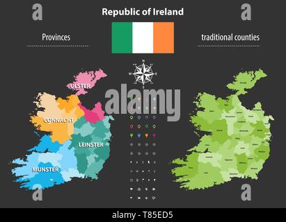 Republic of Ireland provinces and traditional counties vector map Stock Vector